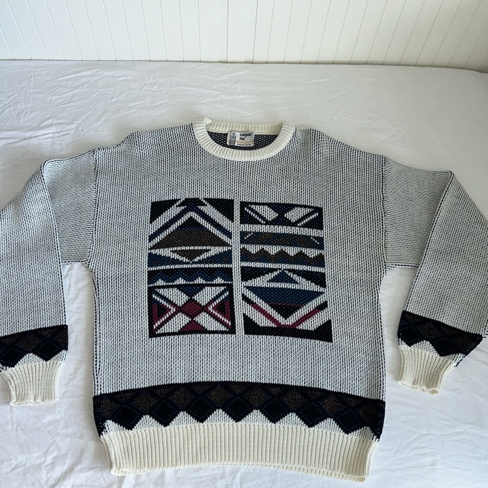 London Fog Vintage Style Concrete Abstract Aztec Crewneck Knit Pullover Sweater